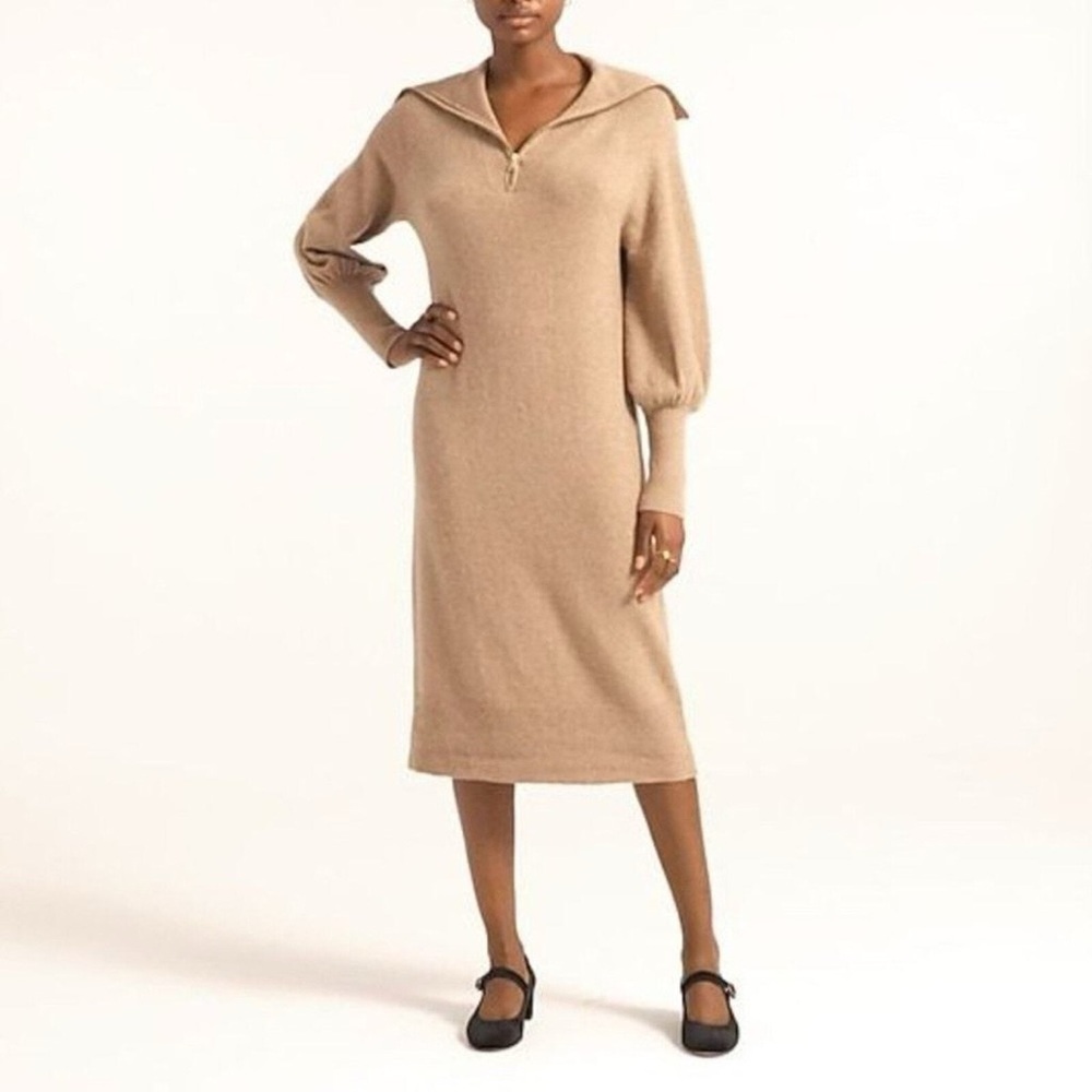 J.Crew Half Zip Sweater Dress L Supersoft Heather Mushroom Tan Camel